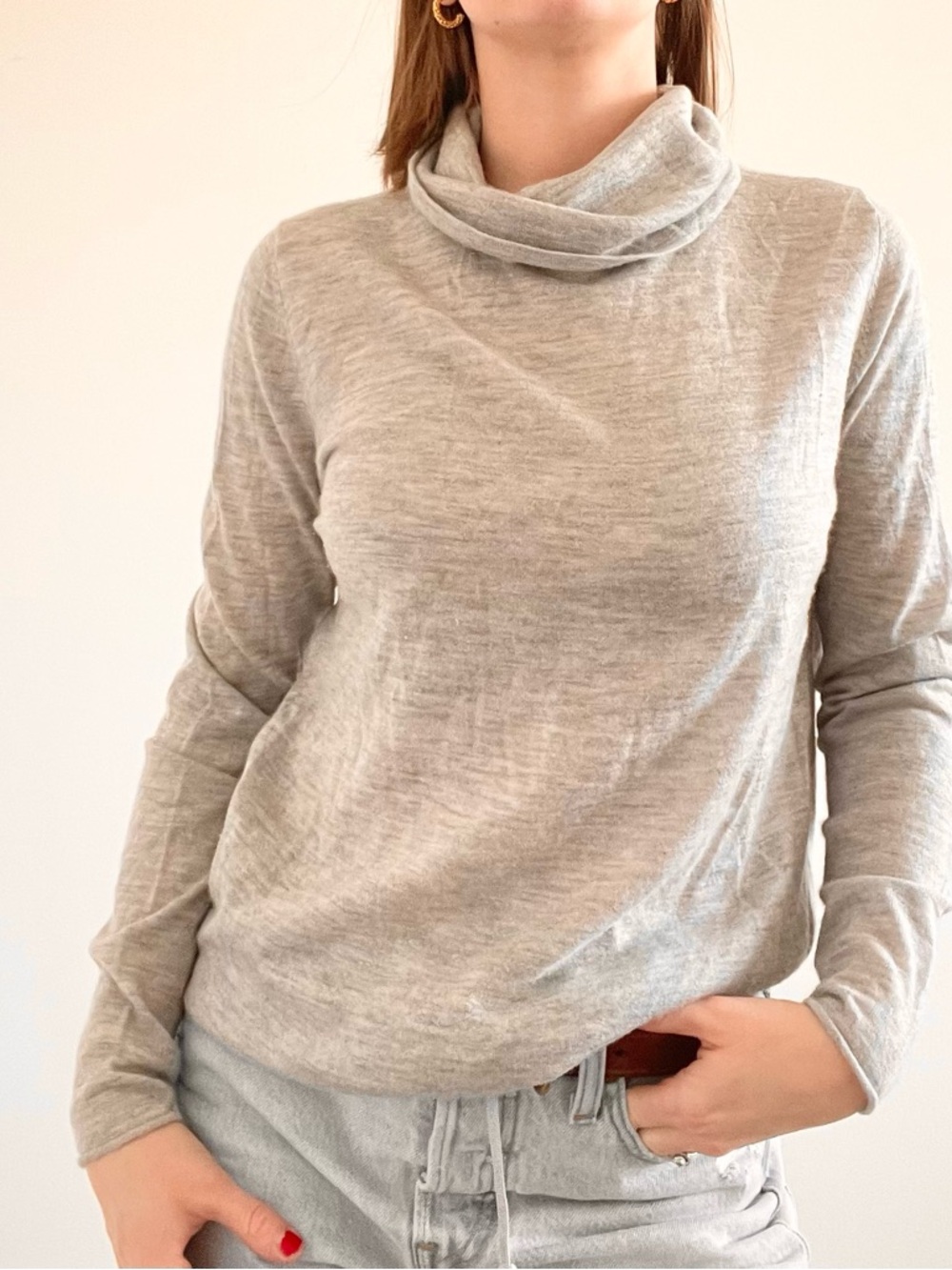 Iris & Ink Cashmere Light Gray Cowl Neck Women's Sweater